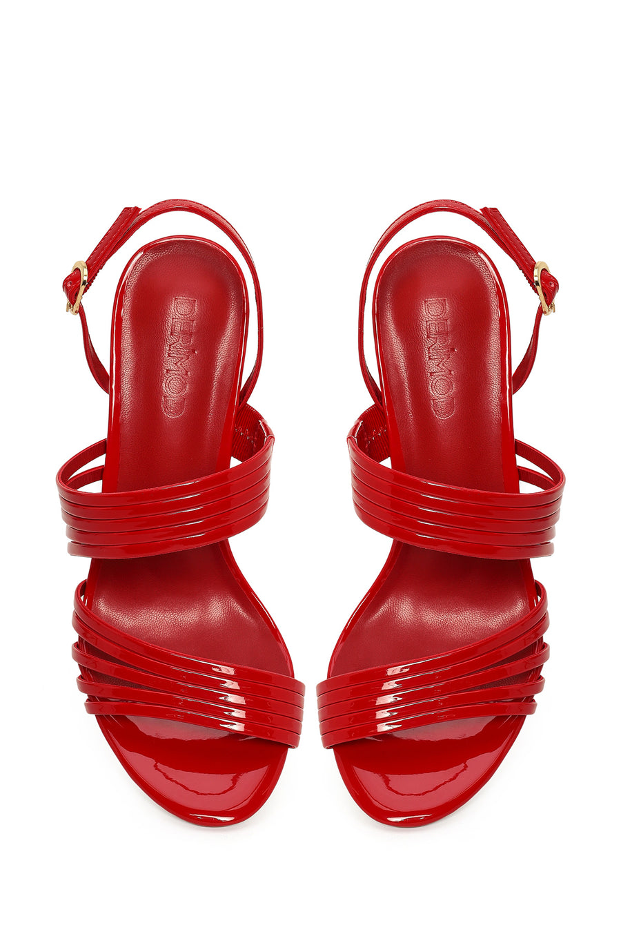 Woman Red Buckled Ankle Strap Slim High-Heeled Patent Leather Sandals