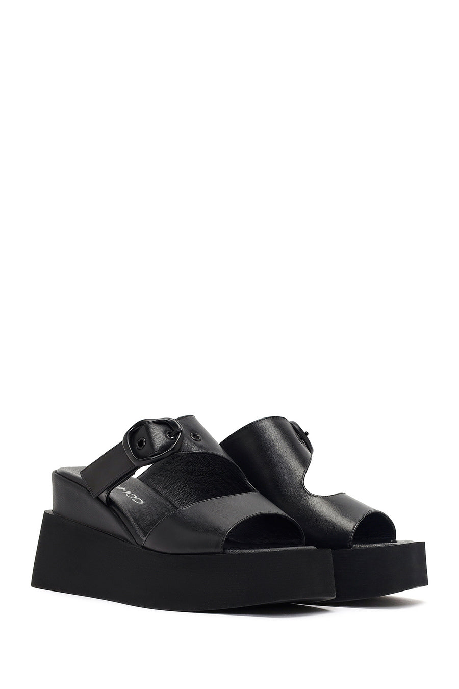 Women's Black Buckle Platform Leather Slippers