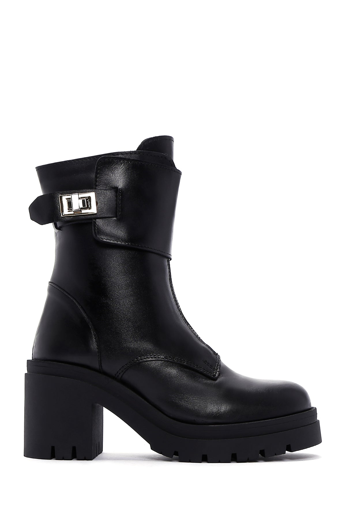 Women's Black Leather Buckle Heeled Boots 23WFD191218 | Derimod