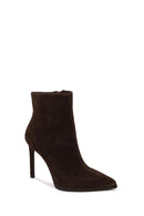 Woman Brown Zip Closure High Thin Heeled Suede Boots | Derimod