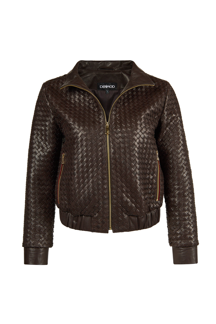 Della Woman Brown Woven-Pattern Short Leather Jacket