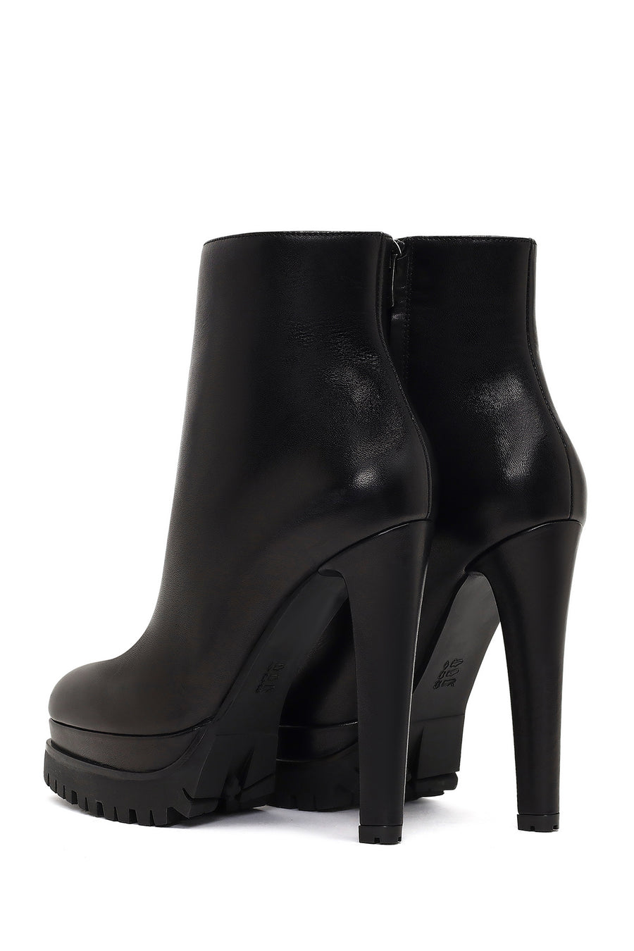 Woman Black Zip Closure Platform High Thick-Heeled Leather Boots