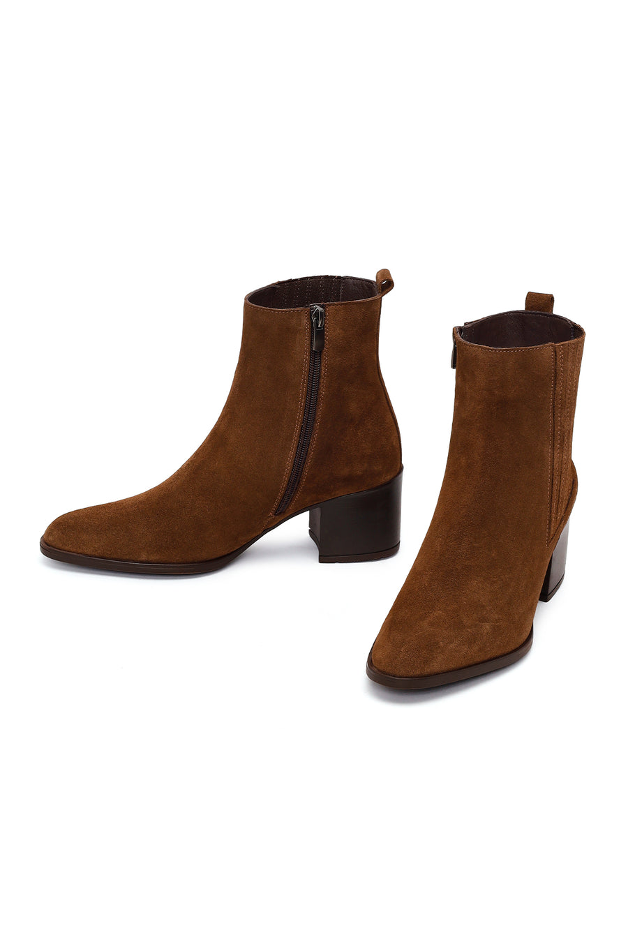 Woman Brown Zip Closure Chunky Heeled Suede Boots