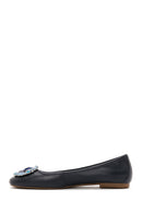 Women's Navy Blue Leather Stone Ballerinas | Derimod