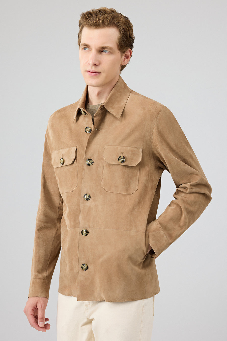 Osimhen Men's Beige Shirt Collar Suede Leather Jacket