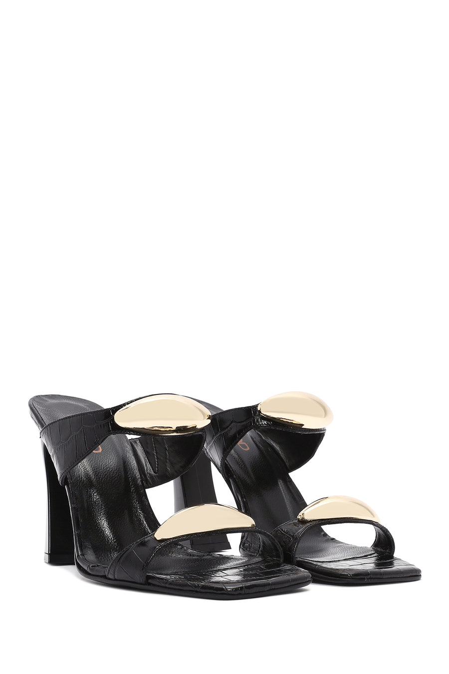 Women's Black Crocodile High Thick Heel Leather Slippers