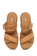 Women's Tan Buckle Leather Slippers | Derimod