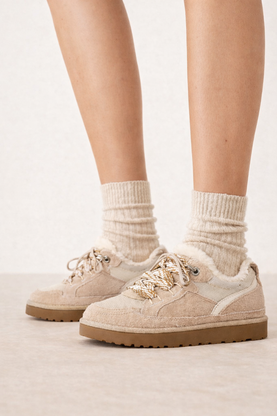 Woman Beige Lace-Up Thick-Soled Furry Suede Teddy Sneaker