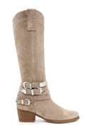 Women's Beige Thick Heel Buckle Detailed Suede Leather Cowboy Boots | Derimod