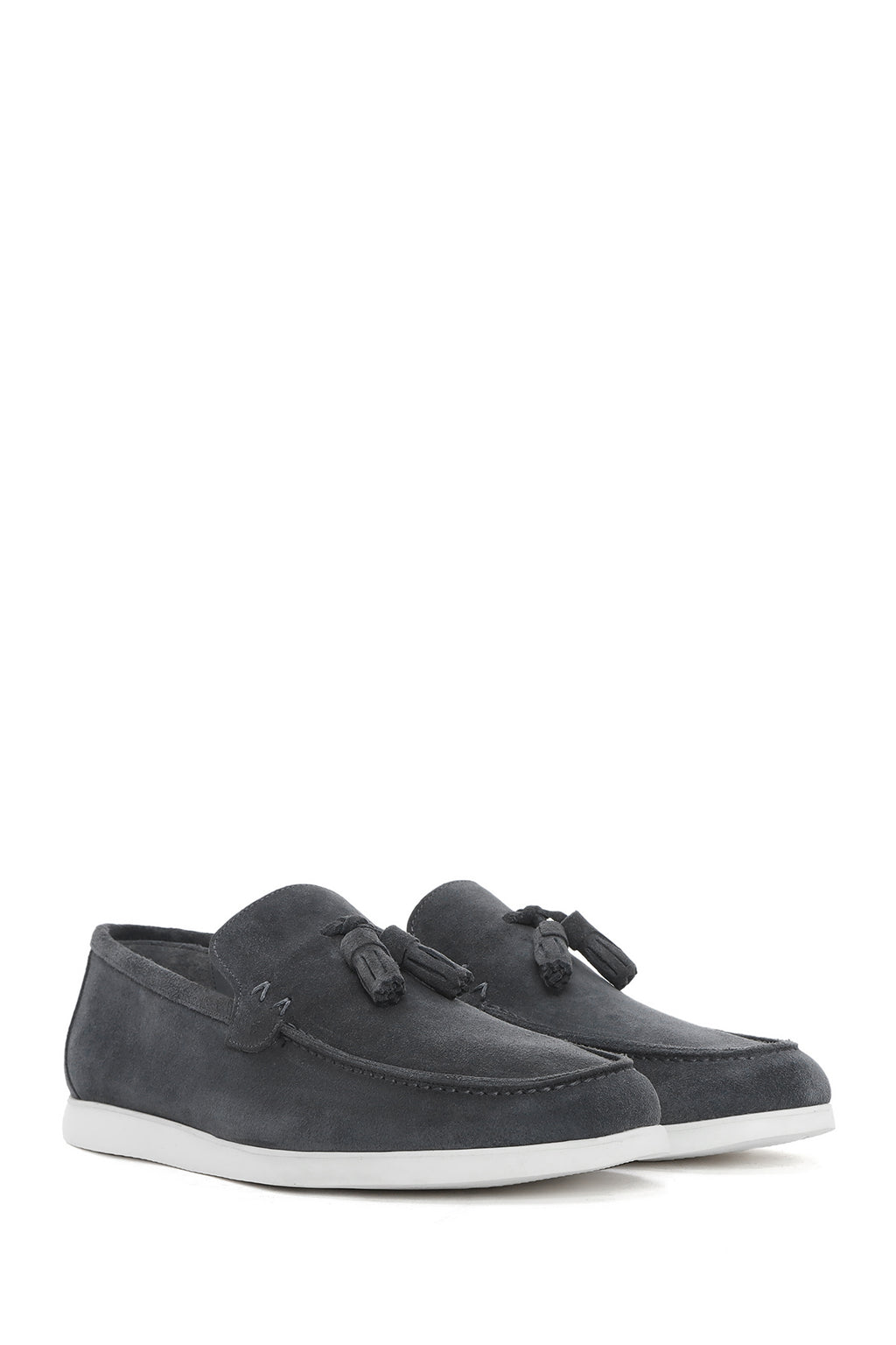 Erkek Gri Püsküllü Süet Deri Casual Loafer