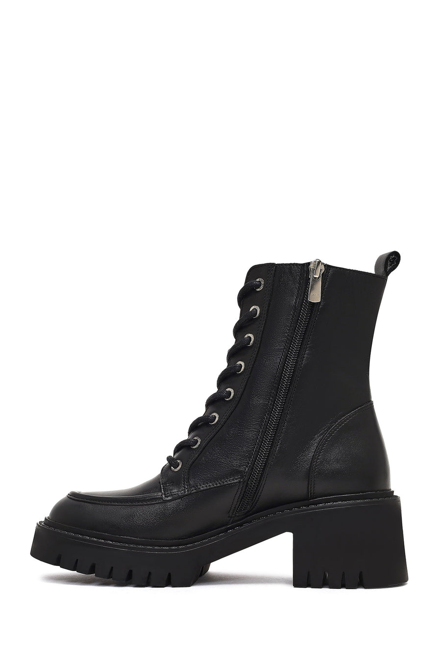 Women's Black Zippered Thick Heeled Leather Ankle Boots