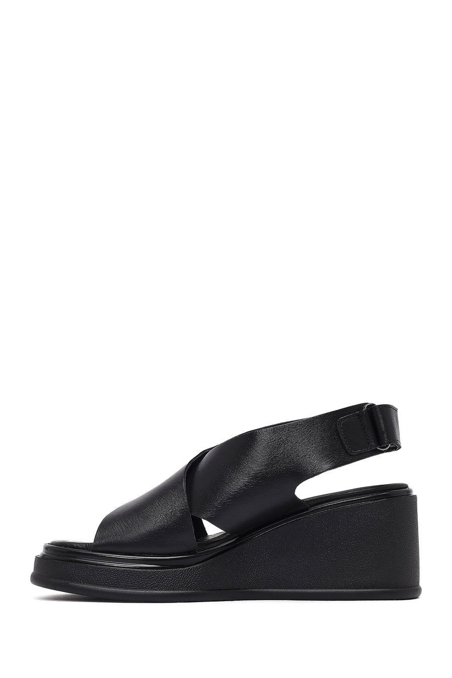 Women's Black Strapped Wedge Heel Leather Sandals