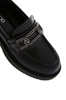 Women's Black Chain Detailed Leather Masculine Loafer | Derimod