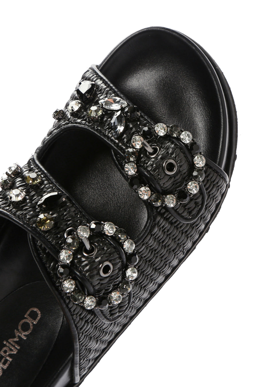Women's Black Straw Stone Slippers