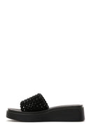 Women's Black Stone Wedge Heeled Slippers | Derimod