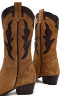 Woman Tan Chunky-Heel Suede Leather Cowboy Boots | Derimod