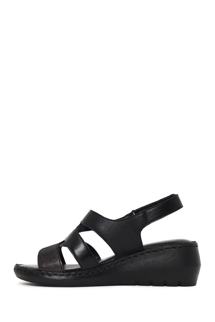 Woman Black Wedge Heel Leather Comfort Sandal