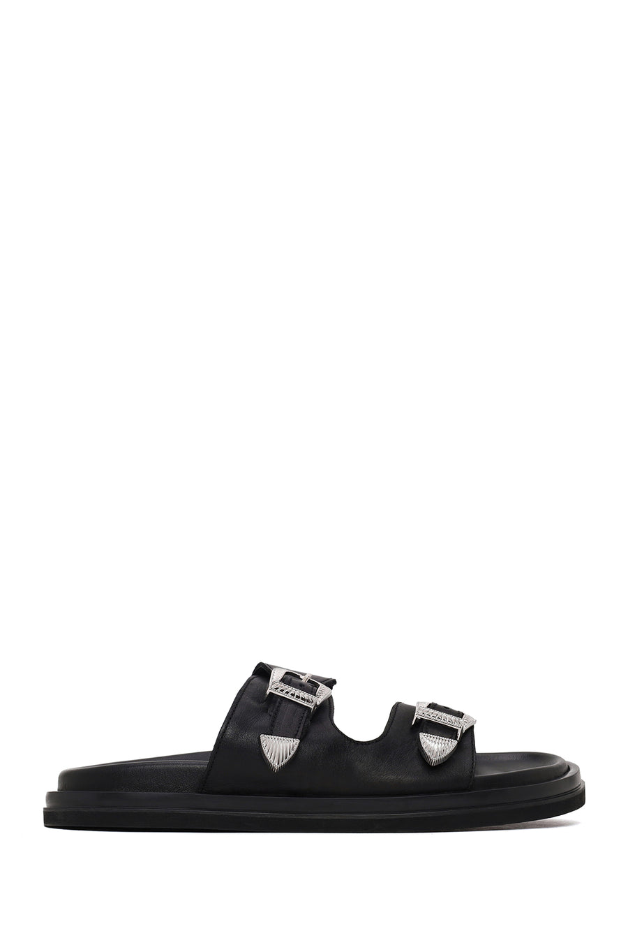 Woman Black Double-Buckle Leather Slipper 26SFD271818 | Derimod