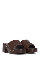 Women's Brown Patterned Short Chunky Heel Leather Slippers | Derimod