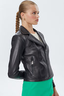 Olivia Women's Black Stretch-Fit Leather Jacket | Derimod