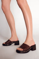 Women's Brown Patterned Short Chunky Heel Leather Slippers | Derimod