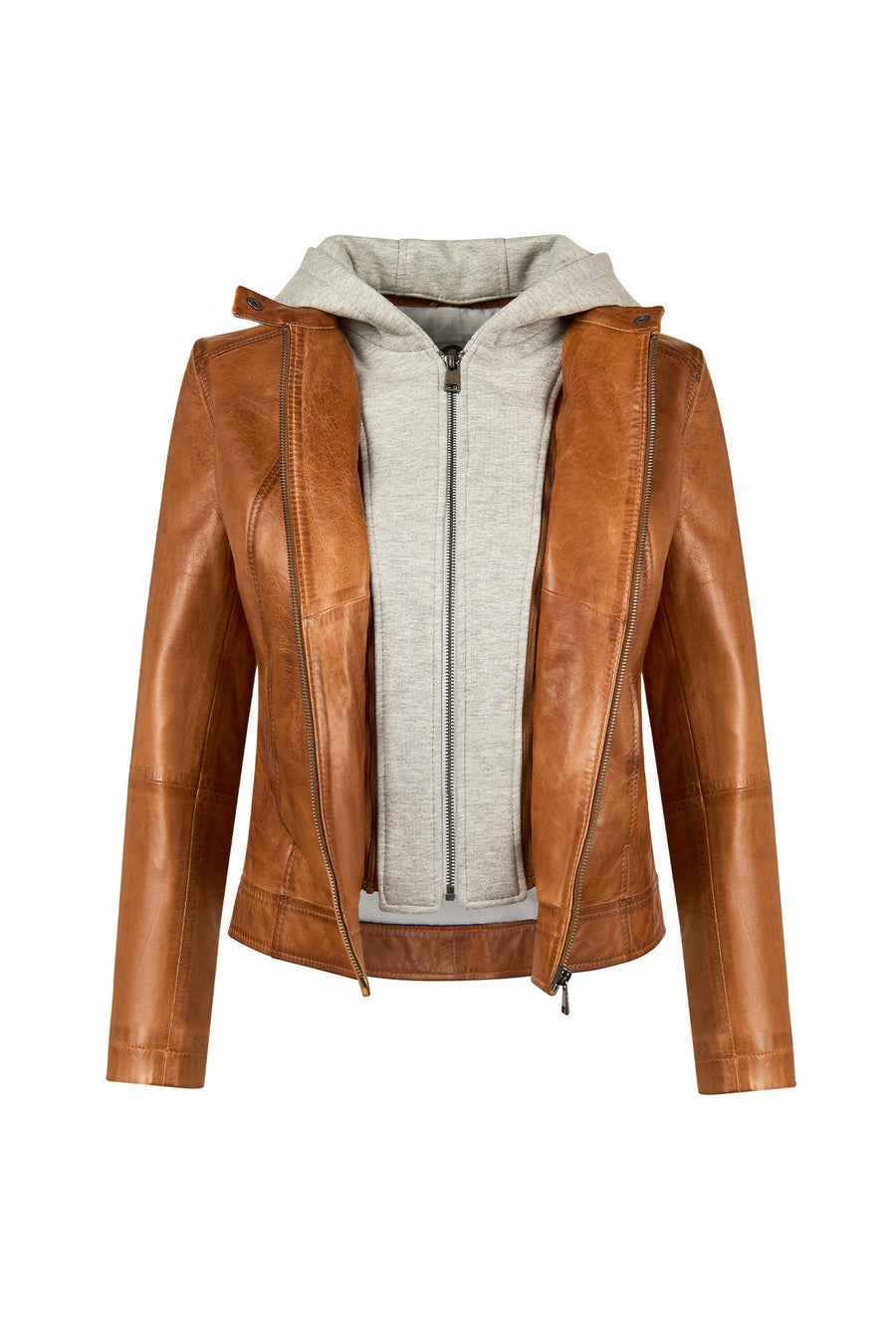 Magic Woman Brown Hooded Short Sport Leather Jacket