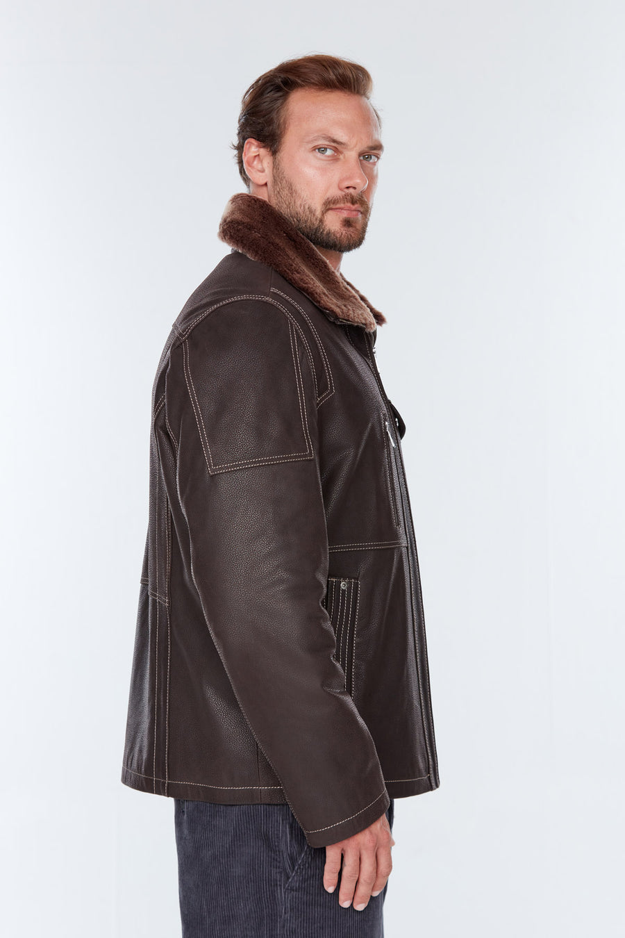 Angelo(Plus) Men's Brown Leather Jacket with Fur Collar