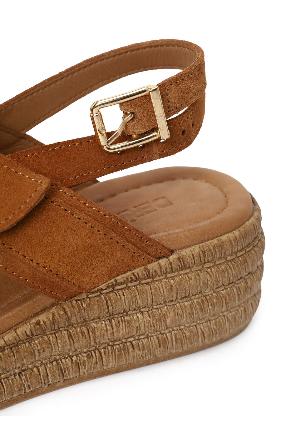 Woman Tan Buckled Wedge-Heel Suede Sandal