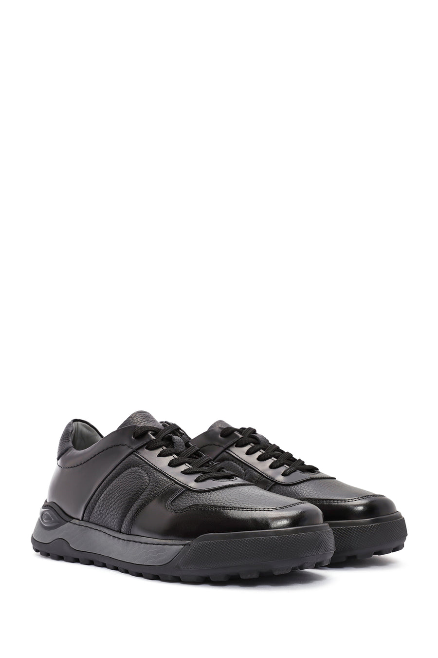 Erkek Siyah Bağcıklı Deri Casual Sneaker