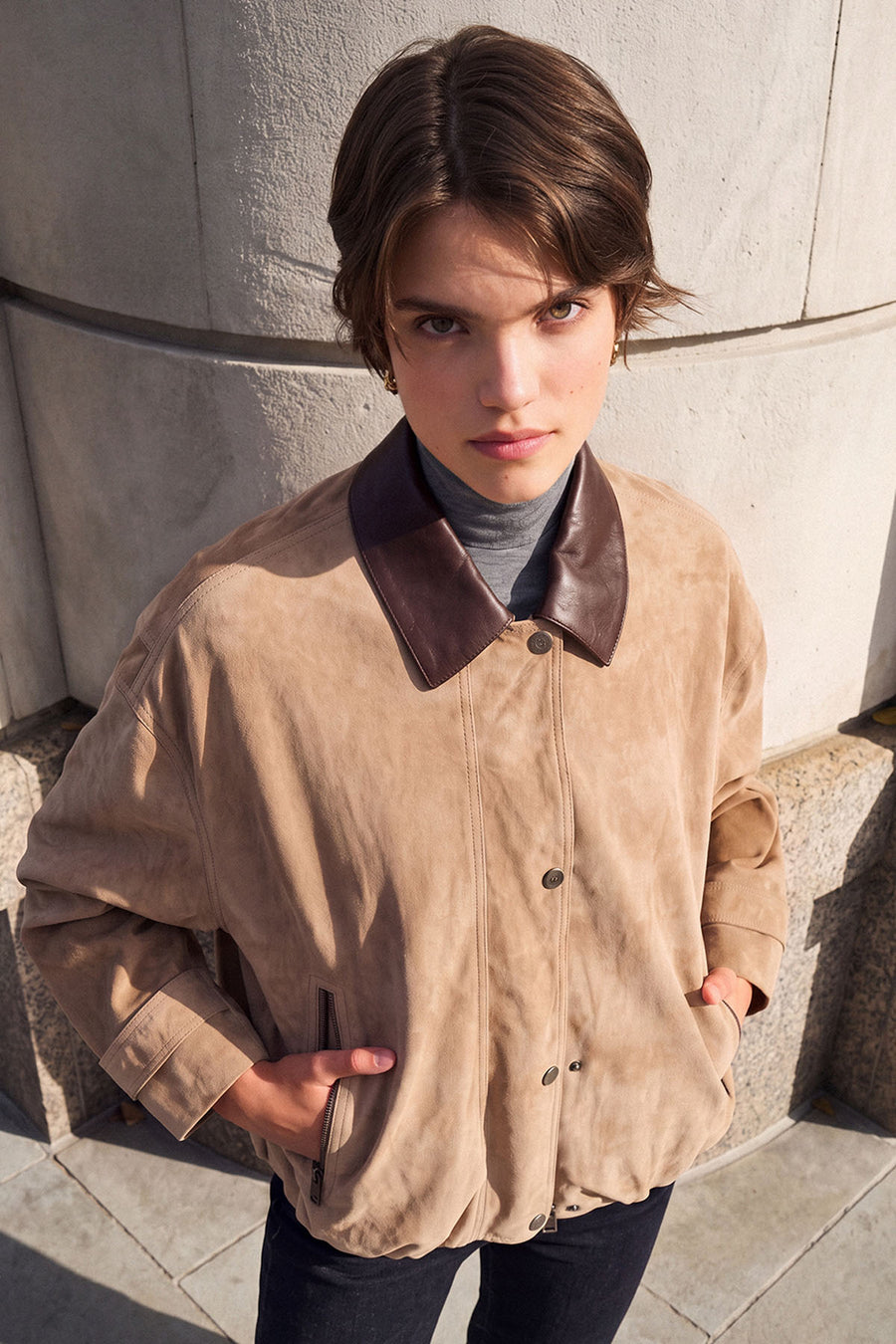 Bolivia Woman Beige Short Oversize Suede Jacket