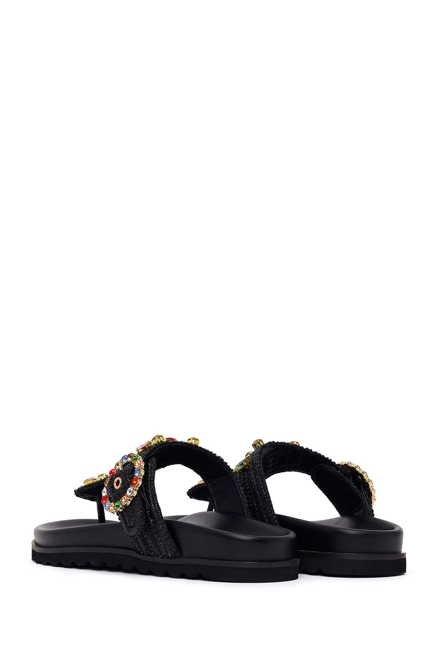 Woman Black Rhinestone Straw Flip-Flops