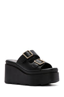 Women's Black Double Buckle Wedge Heeled Slippers | Derimod