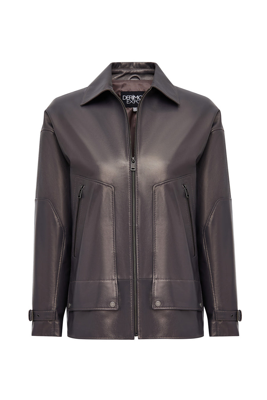 Rosalin Women's Gray Shirt Collar Oversize Leather Coat