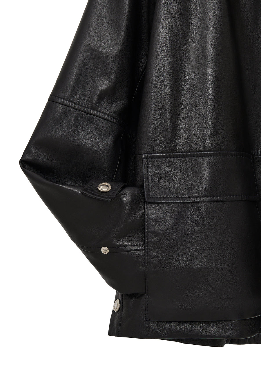 Fancy Women's Black Slant Collar Oversize Leather Coat