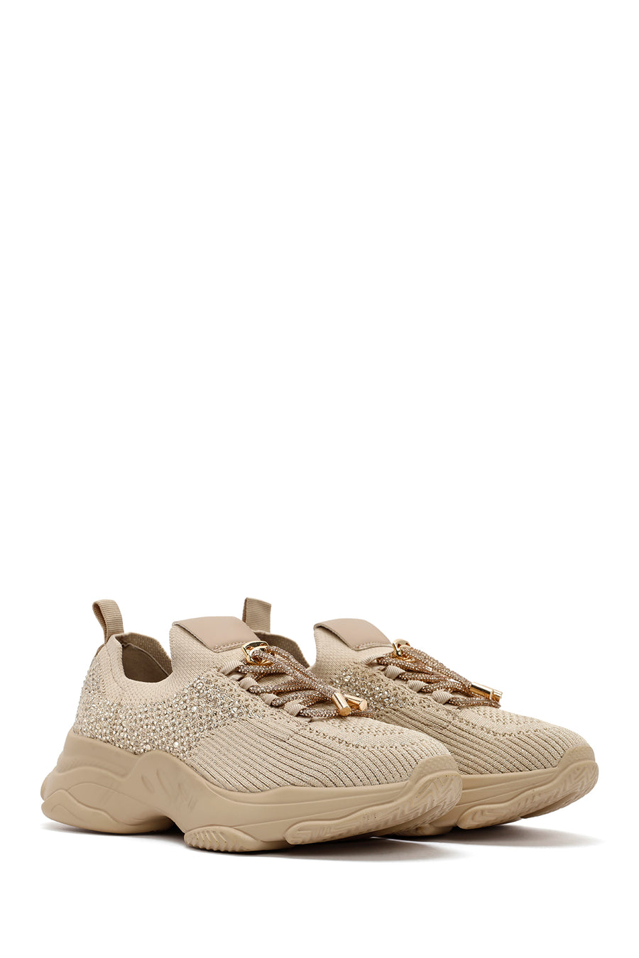Derimod Zero Woman Beige Lace-Up Stone-Detail Fabric Sneaker