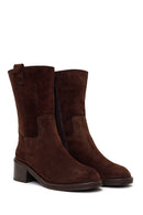 Woman Brown Zip Closure Chunky-Heeled Suede Leather Boots | Derimod