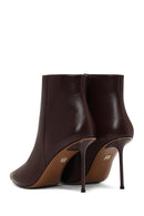 Women's Burgundy Zippered Thin Heeled Leather Boot | Derimod