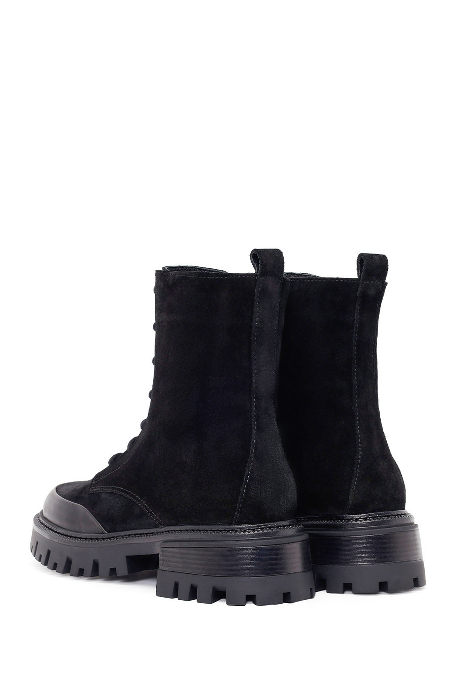 Woman Black Zip Closure Chunky-Heeled Suede Combat Boots