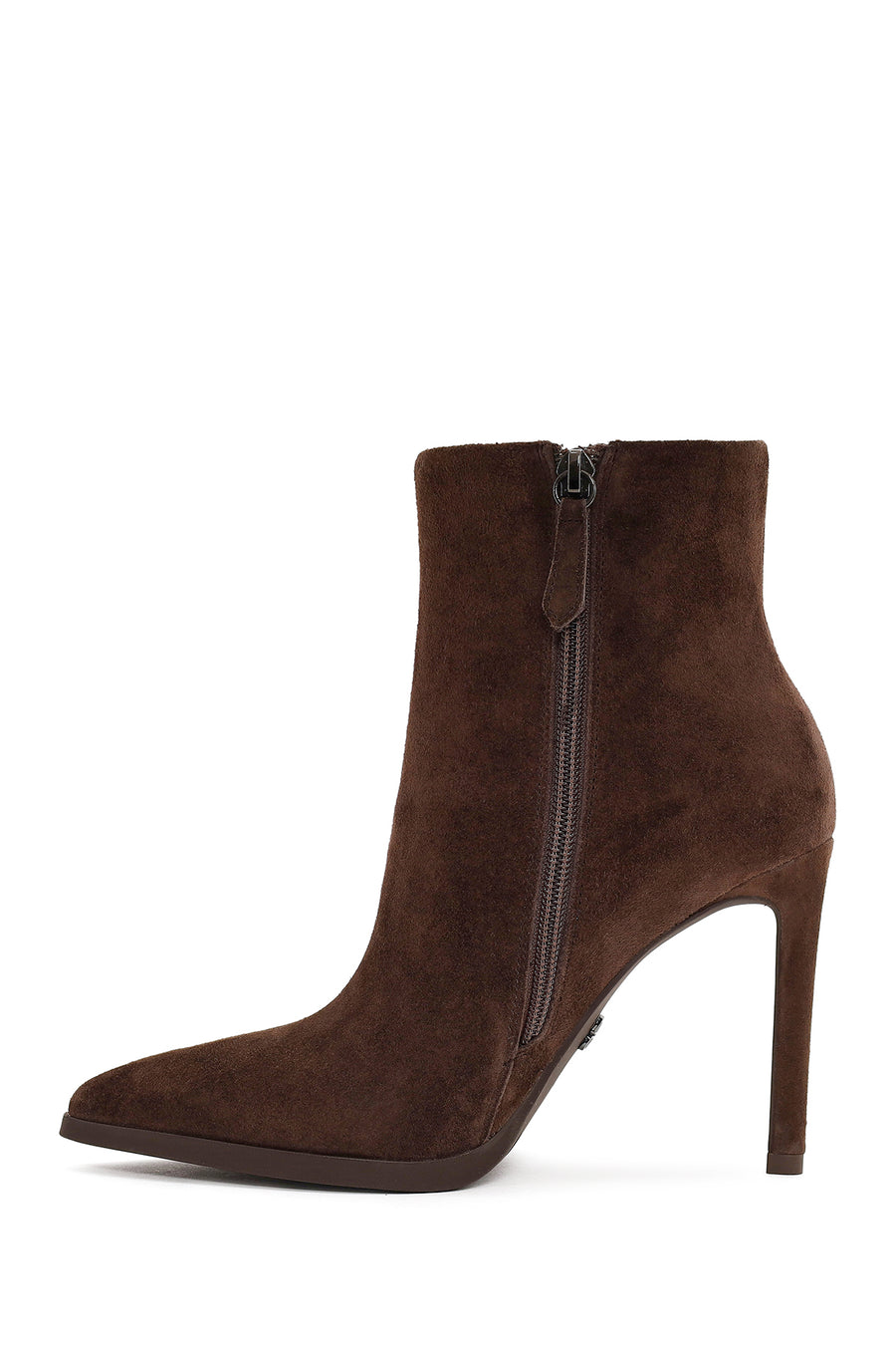 Woman Brown Zip Closure High Thin Heeled Suede Boots