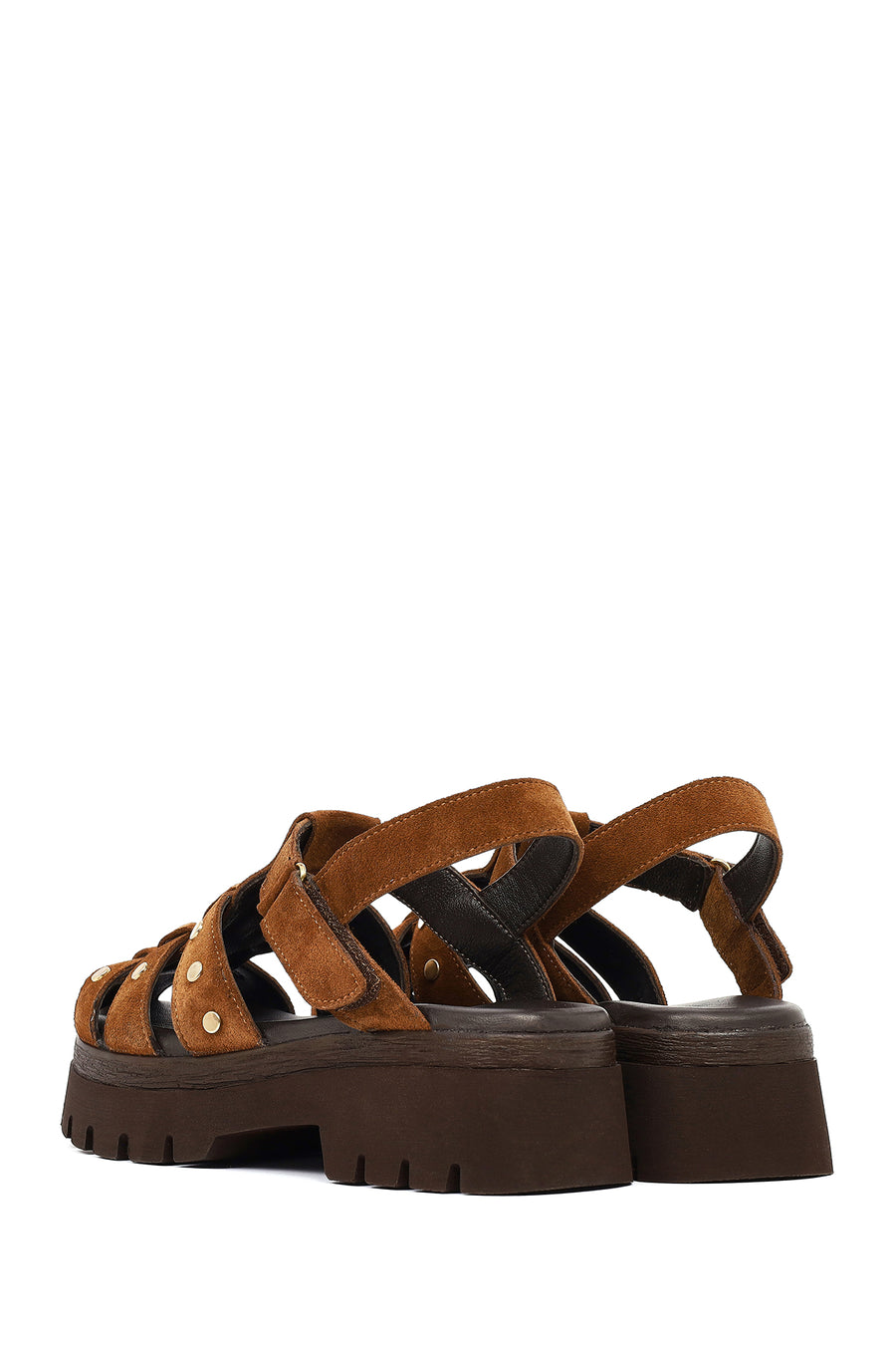 Woman Tan Strappy Thick-Soled Suede Leather Sandals