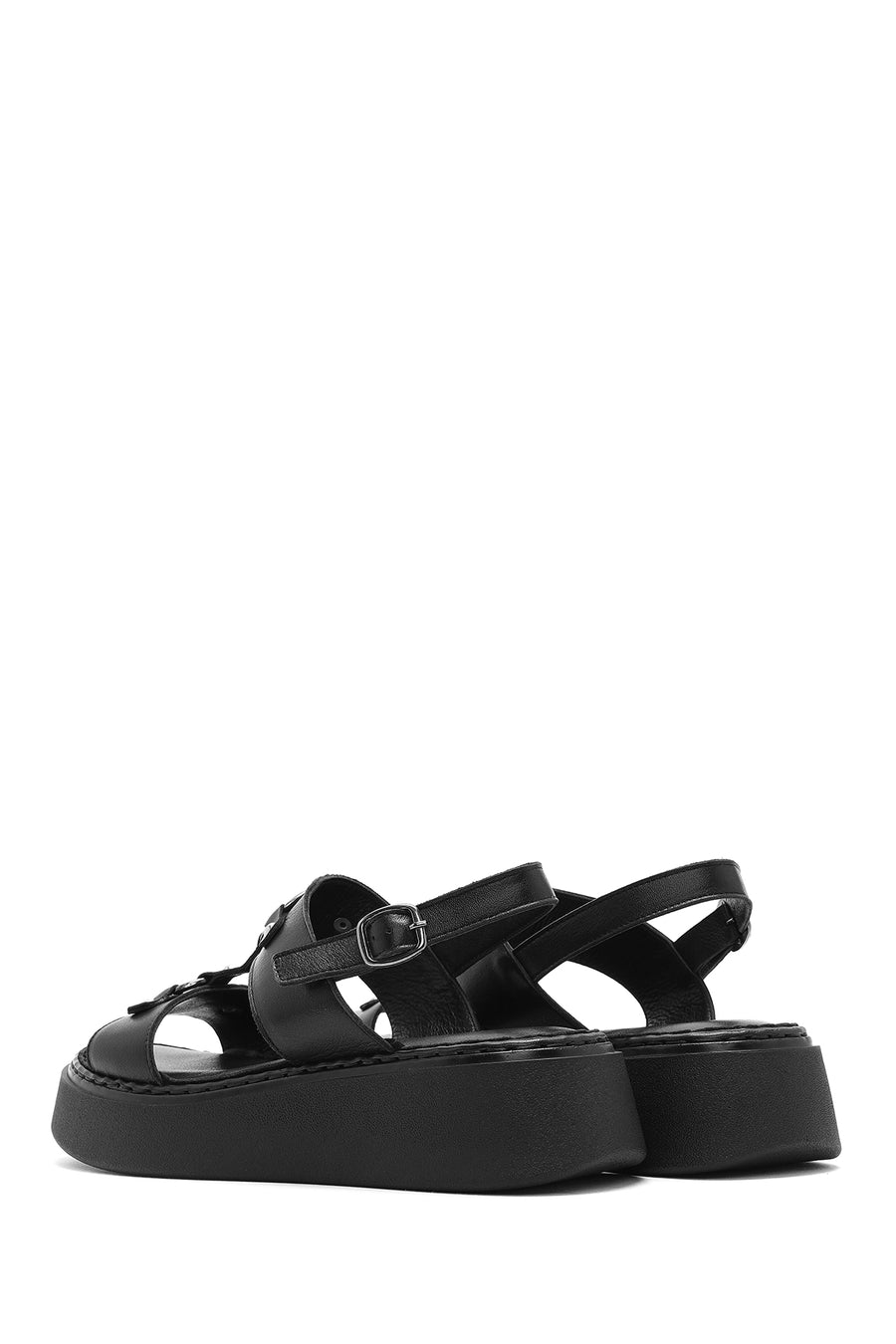 Women's Black Ankle Buckle Thick Soled Leather Comfort Sandals