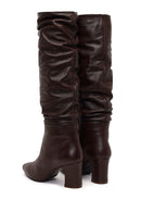 Woman Brown Thick-heeled Leather Boots | Derimod