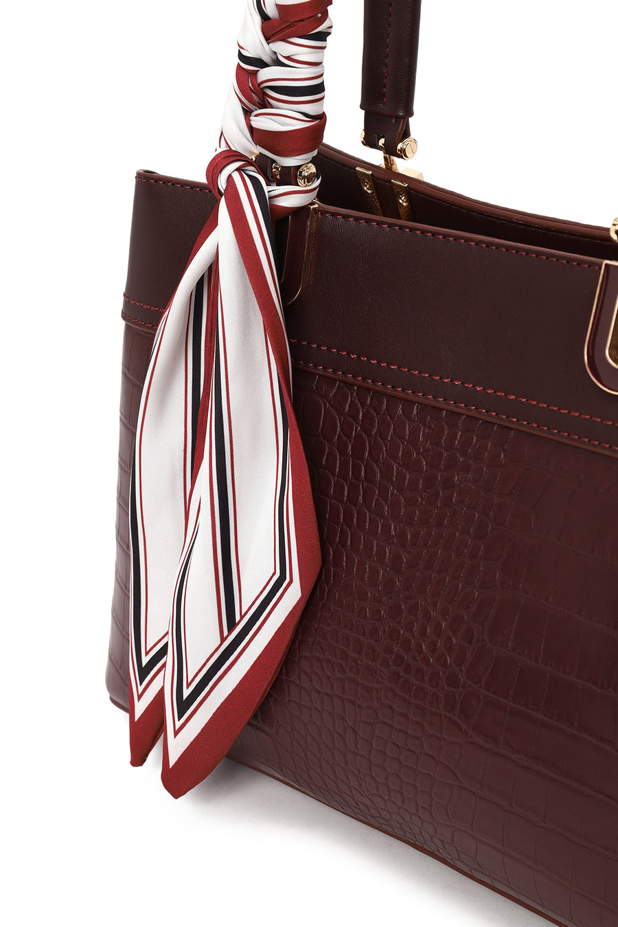 Woman Burgundy Long-Strap Accessorized Croc-Embossed Shoulder Bag