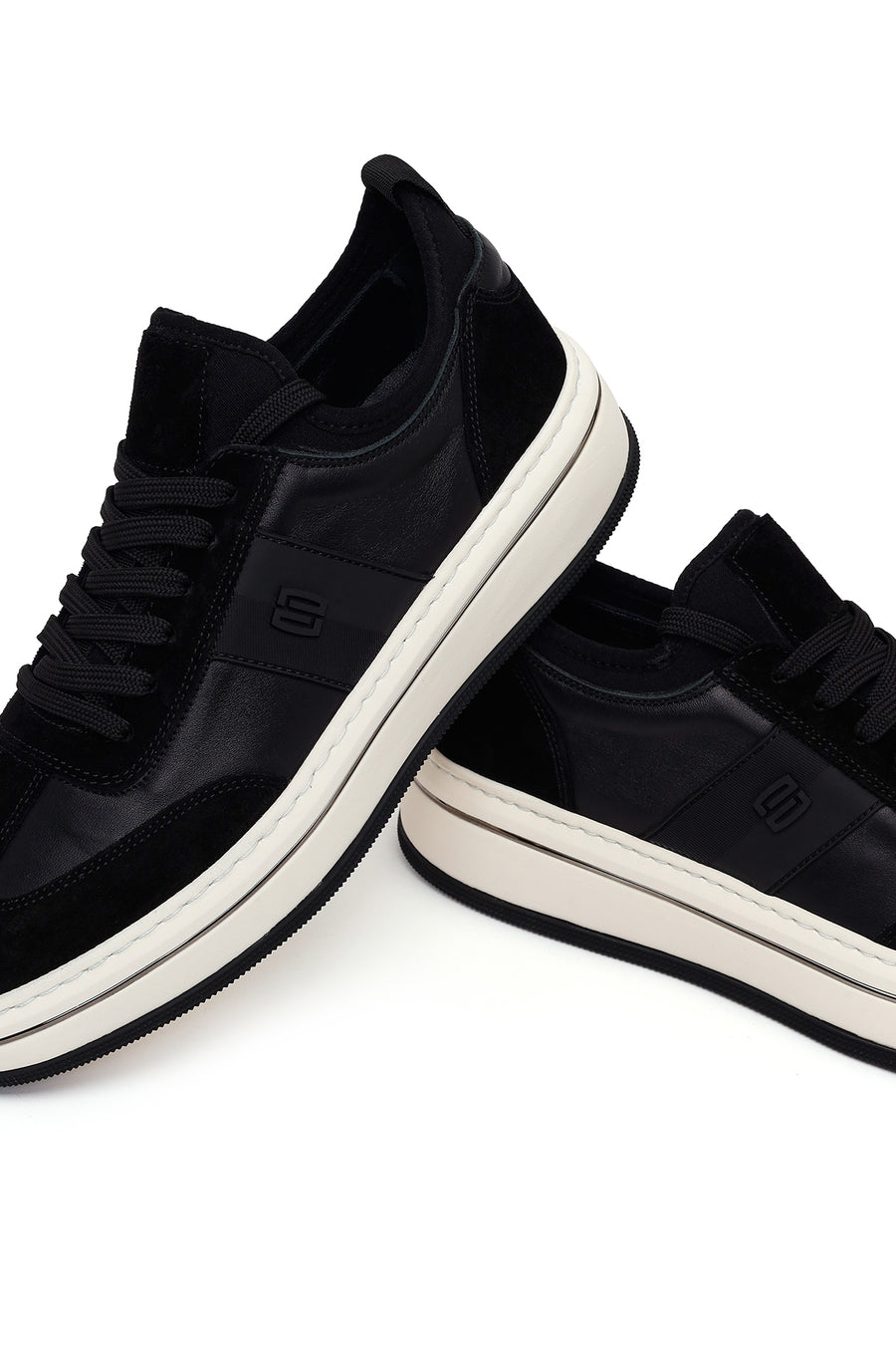 Erkek Siyah Bağcıklı Kalın Tabanlı Deri Sneaker