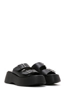 Women's Black Double Buckle Thick Soled Leather Slippers | Derimod