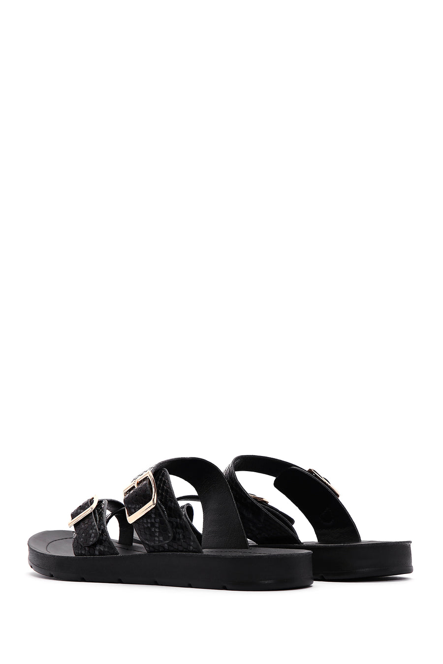 Women's Black Double Buckled Patterned Slippers