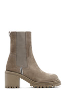 Women's Beige Suede Leather Heeled Chelsea Boots | Derimod