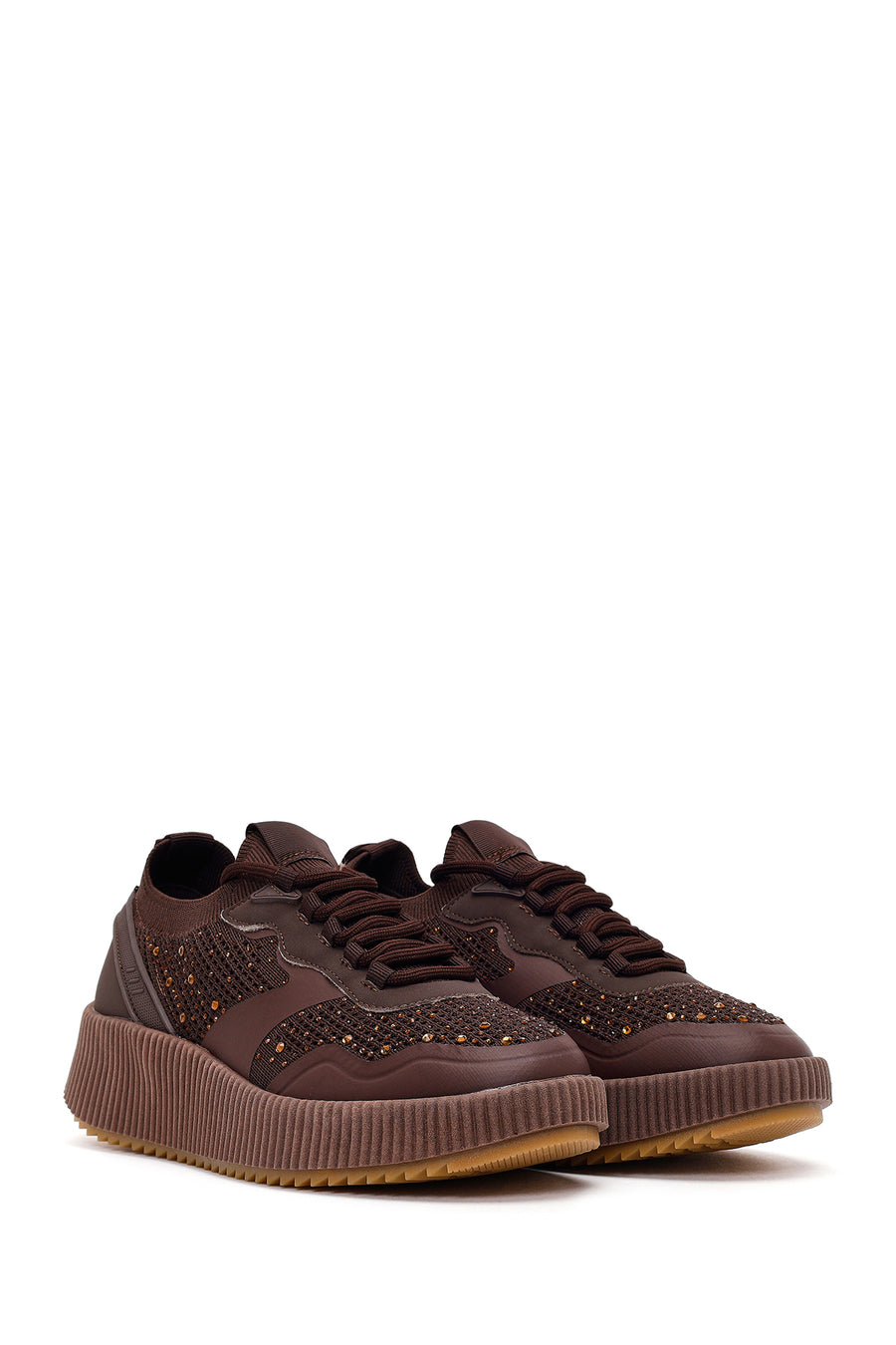 Derimod Zero Women's Brown Lace-up Thick Sole Rhinestone Fabric Sneaker