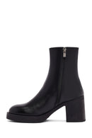 Woman Black Zip Closure Thick-Heeled Leather Boots | Derimod