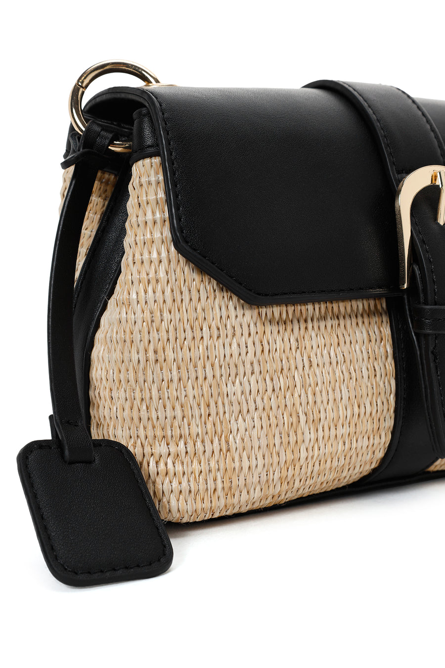 Women's Black Long Strap Straw Shoulder Bag